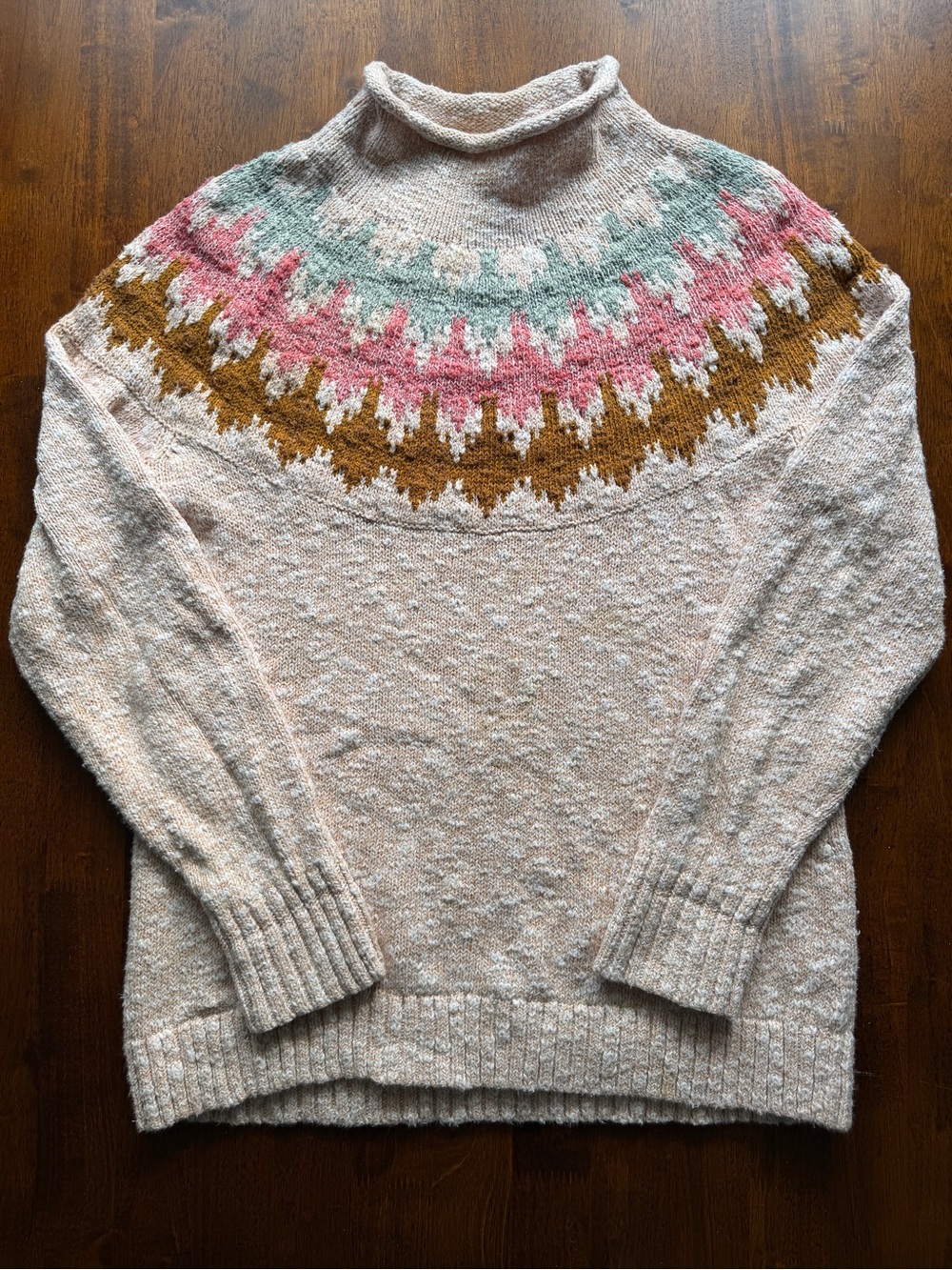 L.L. Bean Cream Fair Isle Rollneck 100% Cotton Sweater Womens Medium
